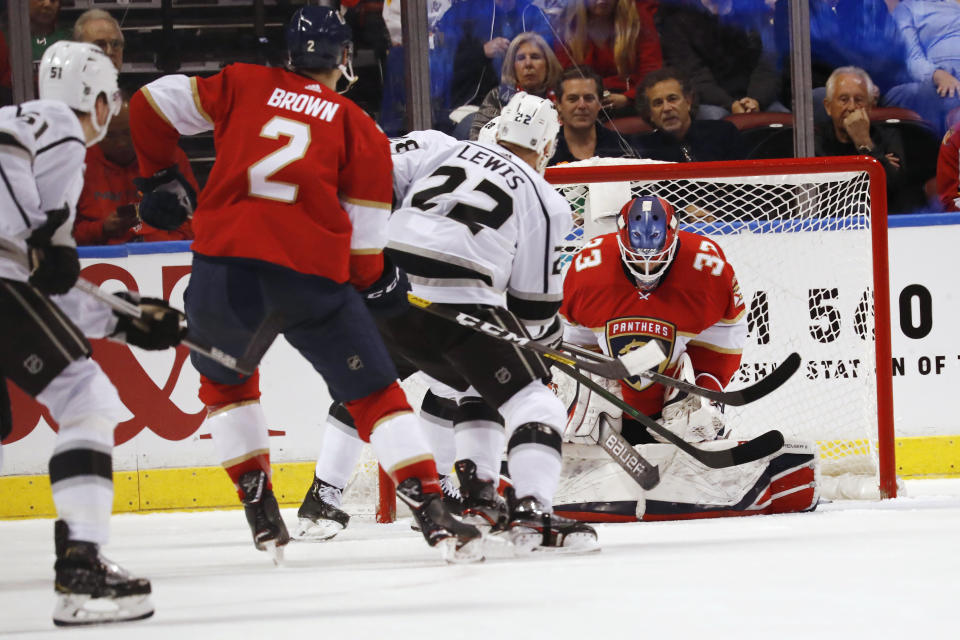 Florida Panthers goaltender Sam Montembeault (33) makes a save against the Los Angeles Kings during the second period of an NHL hockey game Thursday, Jan. 16, 2020, in Sunrise, Fla. (AP Photo/Brynn Anderson)