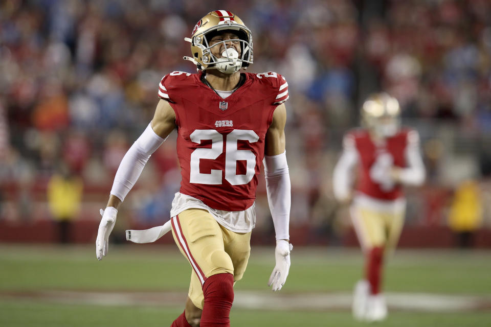 FILE - San Francisco 49ers cornerback Isaiah Oliver gestures to fans during a NFC Championship NFL football game, in Santa Clara, Calif., Jan. 28, 2024. The Jets announced Monday, March 11, 2024, they signed former 49ers and Falcons cornerback Isaiah Oliver to bolster their secondary. (AP Photo/Scot Tucker, File)