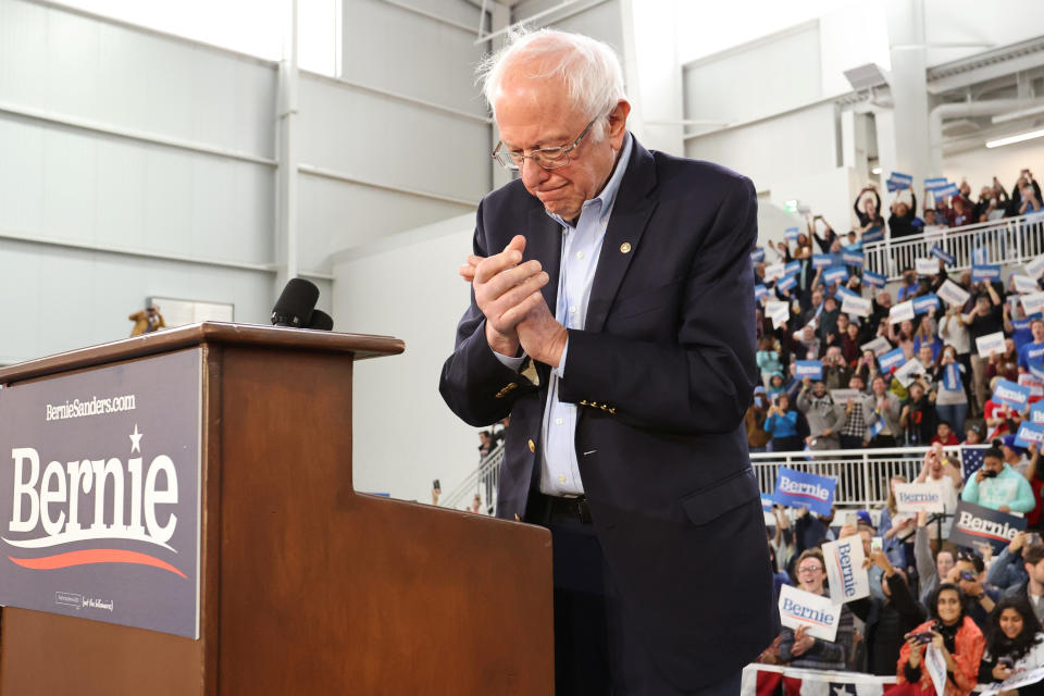 Democratic 2020 U.S. presidential candidate Senator Bernie Sanders takes the stage to rally with supporters in Springfield, Virginia, U.S. February 29, 2020. REUTERS/Jonathan Ernst