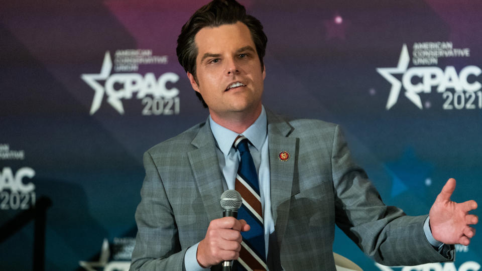 Representative Matt Gaetz, a Republican from Florida, speaks during panel at the Conservative Political Action Conference (CPAC) in Orlando, Florida, U.S., on Saturday, Feb. 27, 2021. (Elijah Nouvelage/Bloomberg via Getty Images)