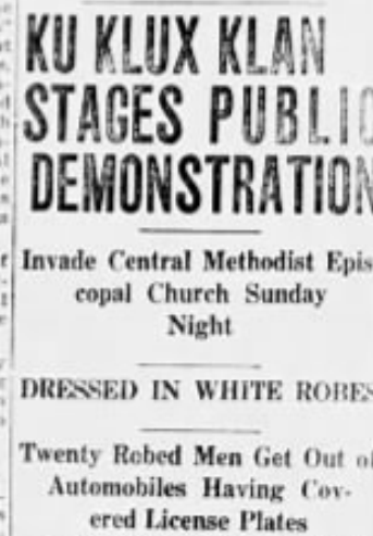 A March 27, 1922 story in the Evansville Courier recounts the first public appearance of the Ku Klux Klan in Evansville. That story helped inspire the rise of eventual Grand Dragon and convicted killer D.C. Stephenson.