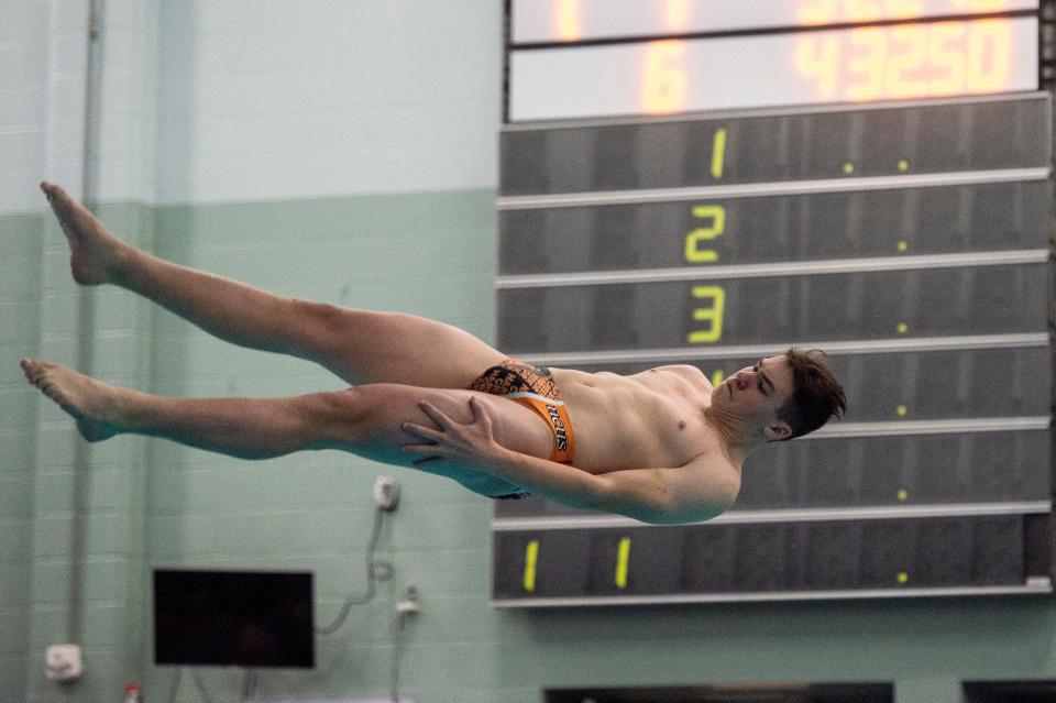 Meadville's Charlie Minor dives during the PIAA District 10 Class 3A diving championships on Feb. 25 at McDowell Intermediate High School in Millcreek Township. Minor won the D-10 3A title last year.