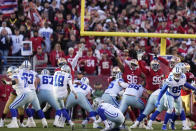 Dallas Cowboys place kicker Brett Maher (19) has a point after try blocked by San Francisco 49ers' Samson Ebukam during the first half of an NFL divisional round playoff football game in Santa Clara, Calif., Sunday, Jan. 22, 2023. (AP Photo/Tony Avelar)