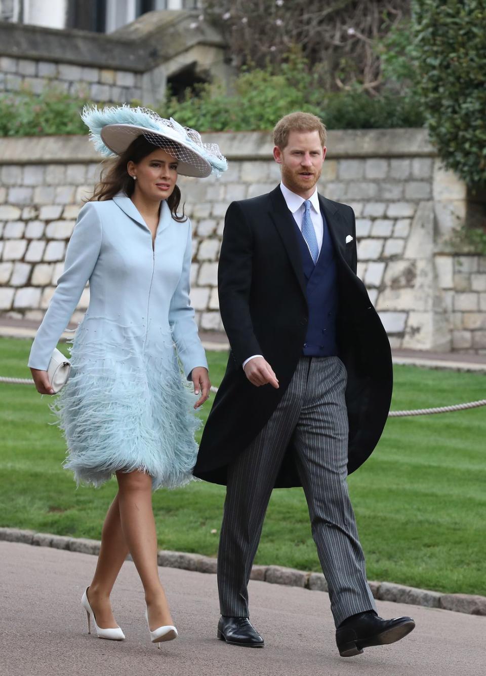 <p>Prince Harry arrives chatting with Lady Frederick Windsor, Lord Frederick Windsor's wife. </p>