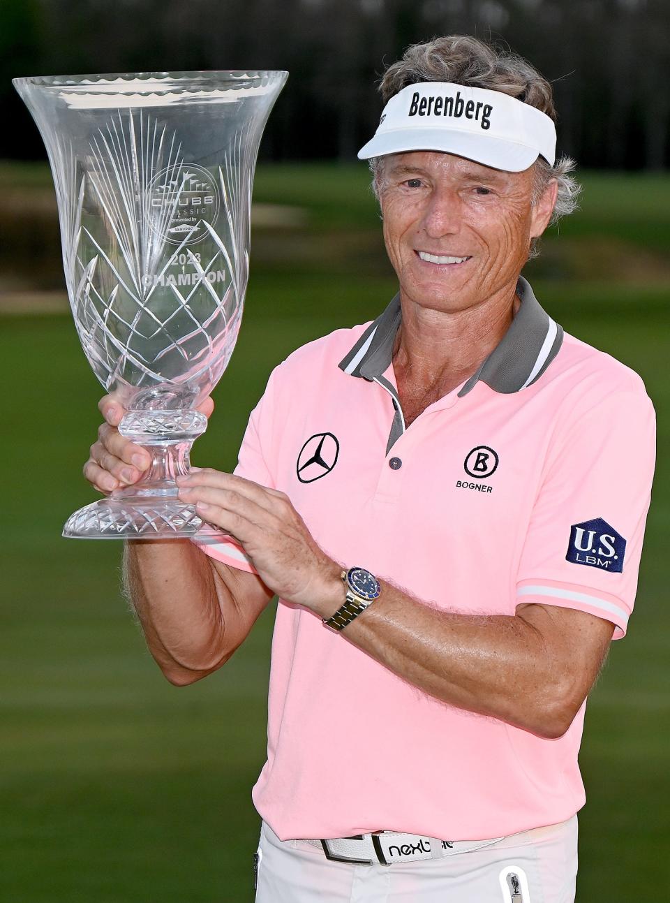 Benrnhard Longer holing the winners trophy after winning PGA Chubb Golf tournament at the Tiburon Golf Club, Sunday, February 19th, 2022, in Naples, Fla. (Photo/Chris Tilley)