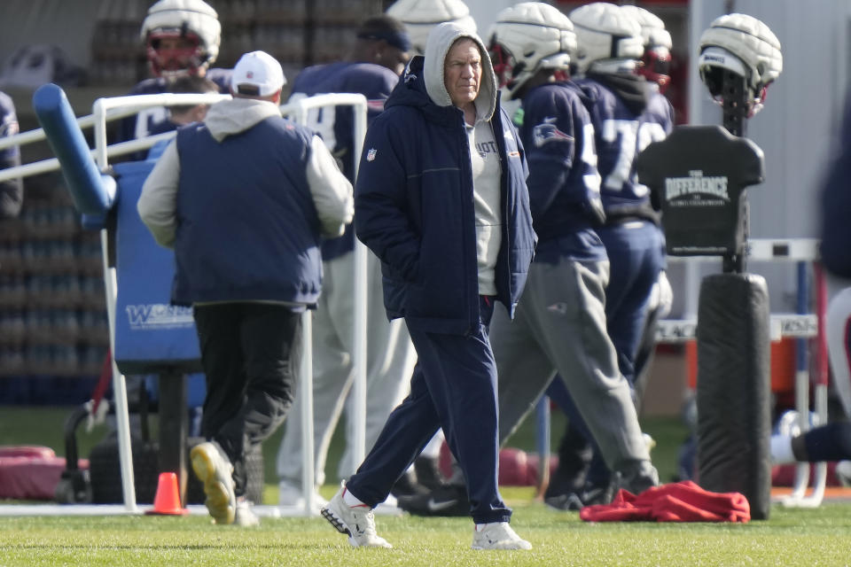 New England Patriots head coach Bill Belichick walks on the field during an NFL football practice, Wednesday, Nov. 15, 2023, in Foxborough, Mass. (AP Photo/Steven Senne)