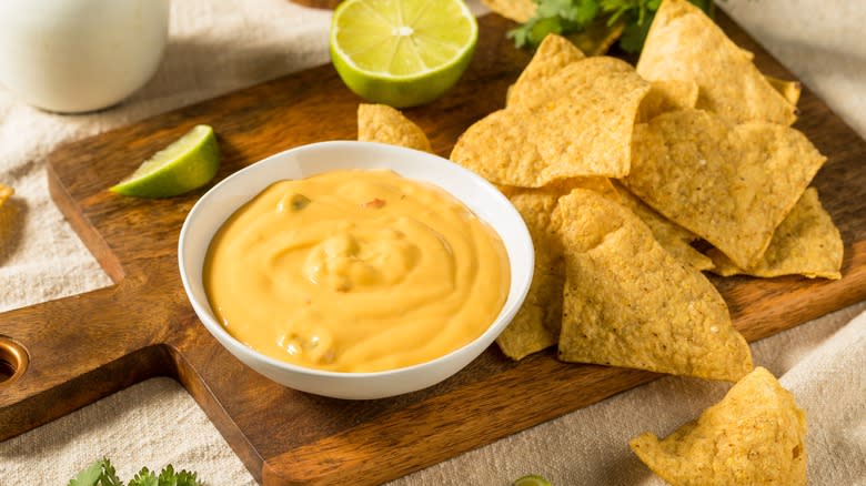 bowl of queso with chips