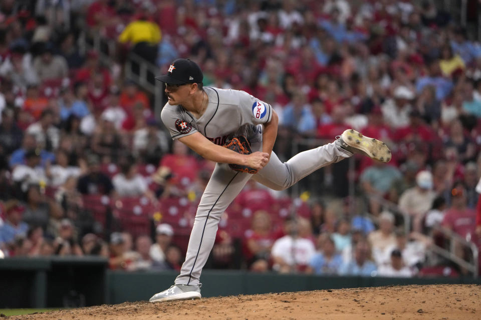 Houston Astros starting pitcher J.P. France throws during the seventh inning of a baseball game against the St. Louis Cardinals Thursday, June 29, 2023, in St. Louis. (AP Photo/Jeff Roberson)