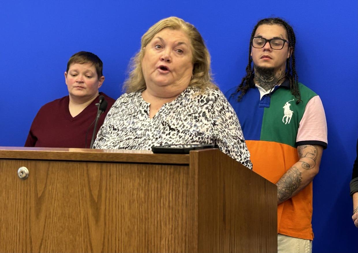 Denise Gunn speaks during a news conference Monday, May 20, 2024, at the General Assembly Building in Richmond, Va. Behind her are former Riverside Regional Jail inmates Libbie Roberts, left. and Austin Wells. Gunn's son, Kevin Wyatt, died of a drug overdose at RRJ this year.