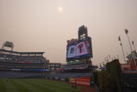 <p>Jun 7, 2023; Philadelphia, Pennsylvania, USA; Smoke from Canadian wildfires obscure views of the scoreboard at Citizens Bank Park before a game between the Philadelphia Phillies and the Detroit Tigers. Mandatory Credit: Bill Streicher-USA TODAY Sports</p> 