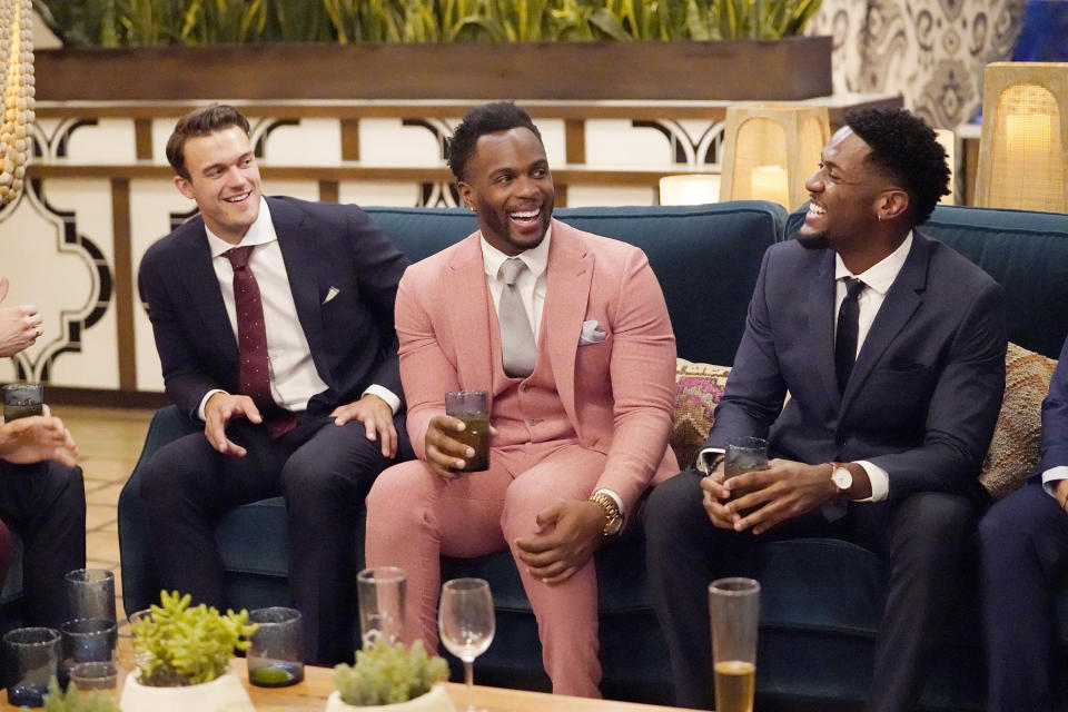 Nwachukwu (center) with castmates Ben Smith (left) and Demar Jackson (right) on this season of "The Bachelorette." (Photo: ABC)