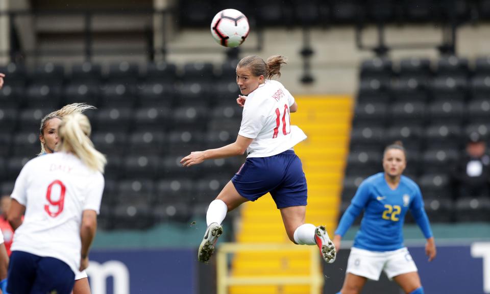 Fran Kirby scores the only goal of the game against Brazil.