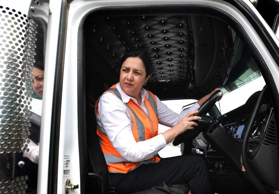 Queensland premier Annastacia Palaszczuk sits in a truck after holding a press conference on the Gold Coast on Tuesday.