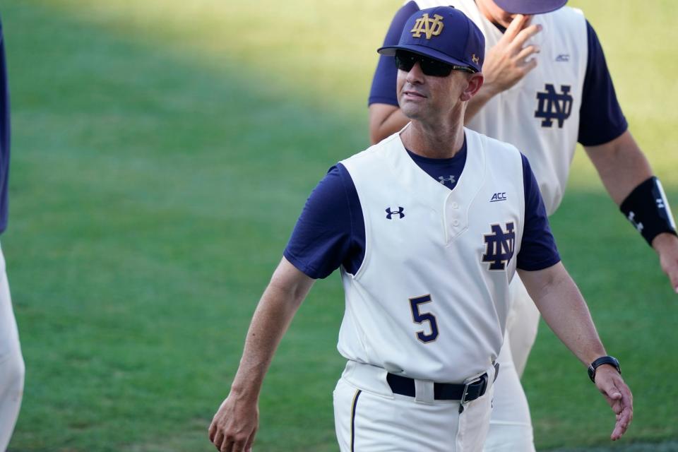 Notre Dame baseball coach Link Jarrett looks into the stands at Dudy Noble Field prior to ND's NCAA Super Regional game against Mississippi State, Monday, June 14, 2021, in Starkville, Miss.