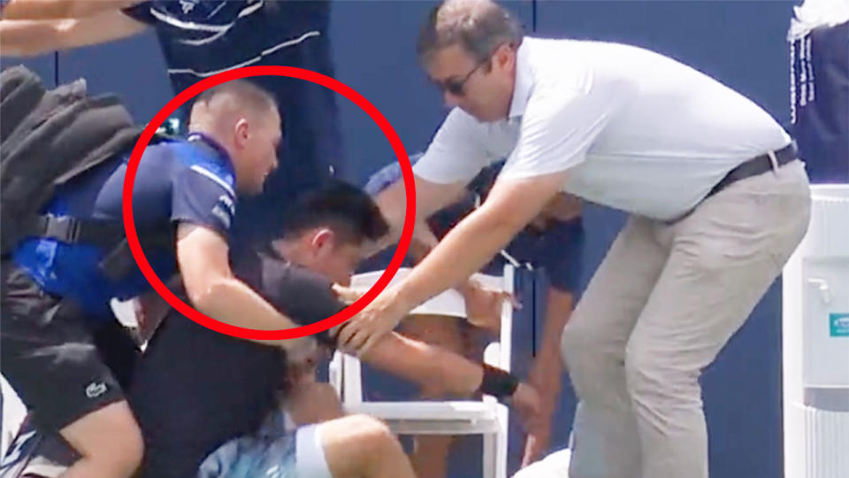 Pictured here, Chinese tennis star Wu Yibing suffering a scary on-court collapse during his opening match at the DC Open.