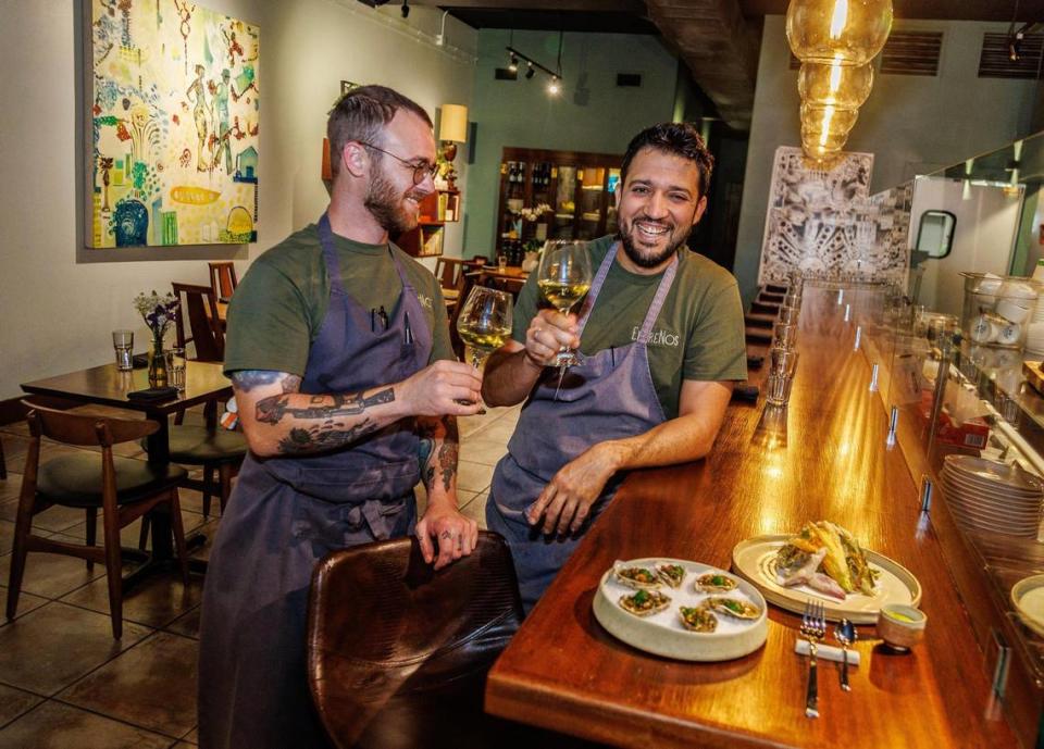 Evan Burgess and Osmel Gonzalez, the chefs for the first Paradise Farms new dinner series, at their restaurant EntreNos in Miami Shores