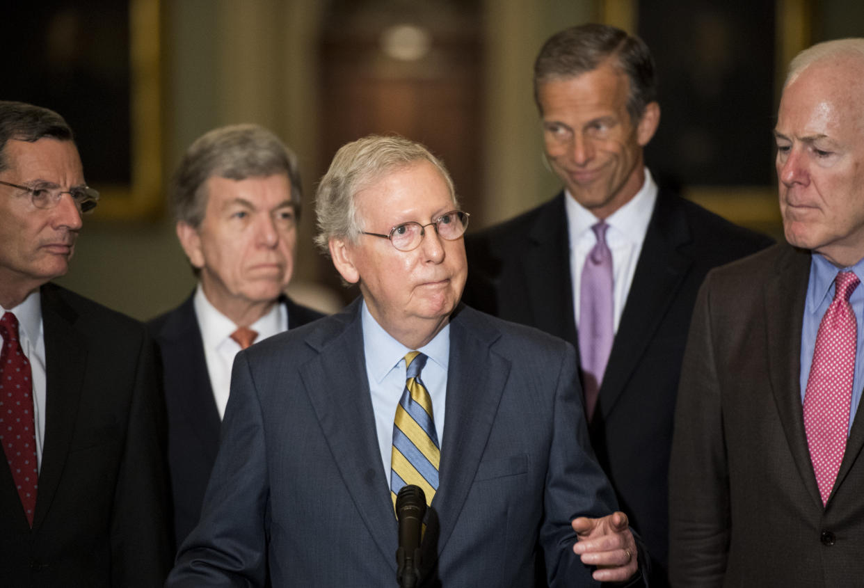 Senate Majority Leader Mitch McConnell, center, called the latest accusation against Supreme Court nominee Brett Kavanaugh "another orchestrated, last-minute hit on the nominee." (Photo: Bill Clark/CQ Roll Call via Getty Images)