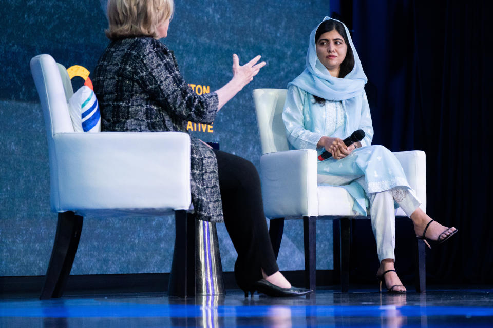 Hillary Clinton speaks to Malala Yousafzai at the Clinton Global Initiative, Tuesday, Sept. 20, 2022, in New York. (AP Photo/Julia Nikhinson)