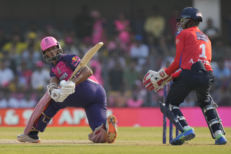 Rajasthan Royals's Yashasvi Jaiswal plays a sweep shot during the Indian Premier League (IPL) cricket match between Rajasthan Royals and Delhi Capitals in Guwahati, India, Thursday, April 6, 2023. (AP Photo/Anupam Nath)