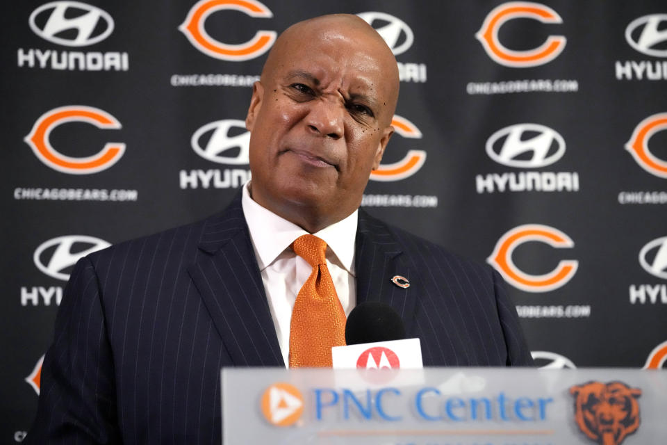 Chicago Bears new President & CEO Kevin Warren speaks during an NFL football news conference at Halas Hall in Lake Forest, Ill., Tuesday, Jan. 17, 2023. (AP Photo/Nam Y. Huh)