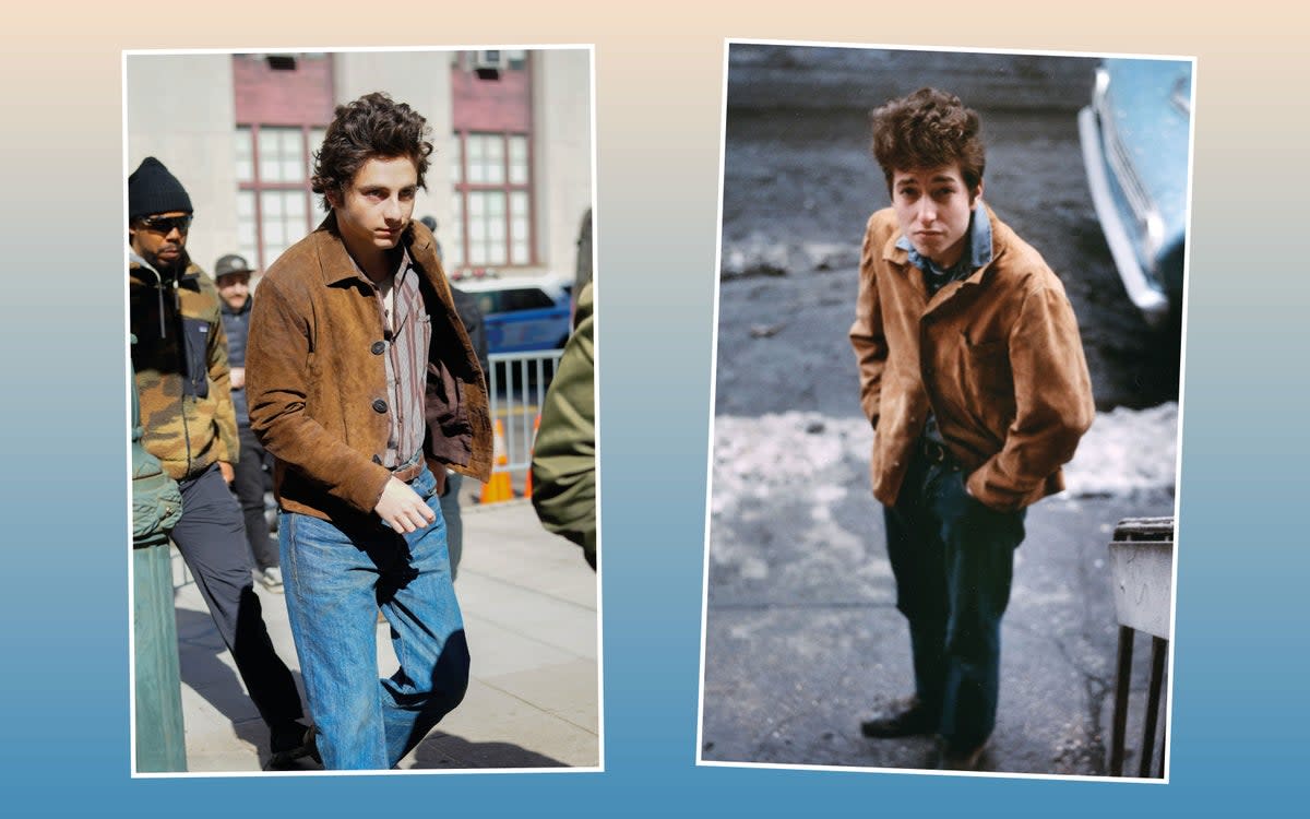 Timothée Chalamet on the streets of New York shooting his forthcoming musical drama about a young Bob Dylan, decked out in a suede jacket, jeans and cowboy boots — just like Dylan, pictured right, in 1963 (ES)