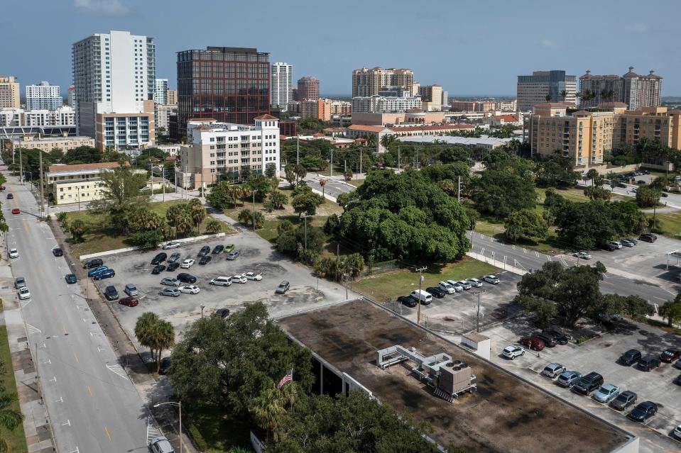 An aerial photo shows land slated for a potential University of Florida campus in West Palm Beach.