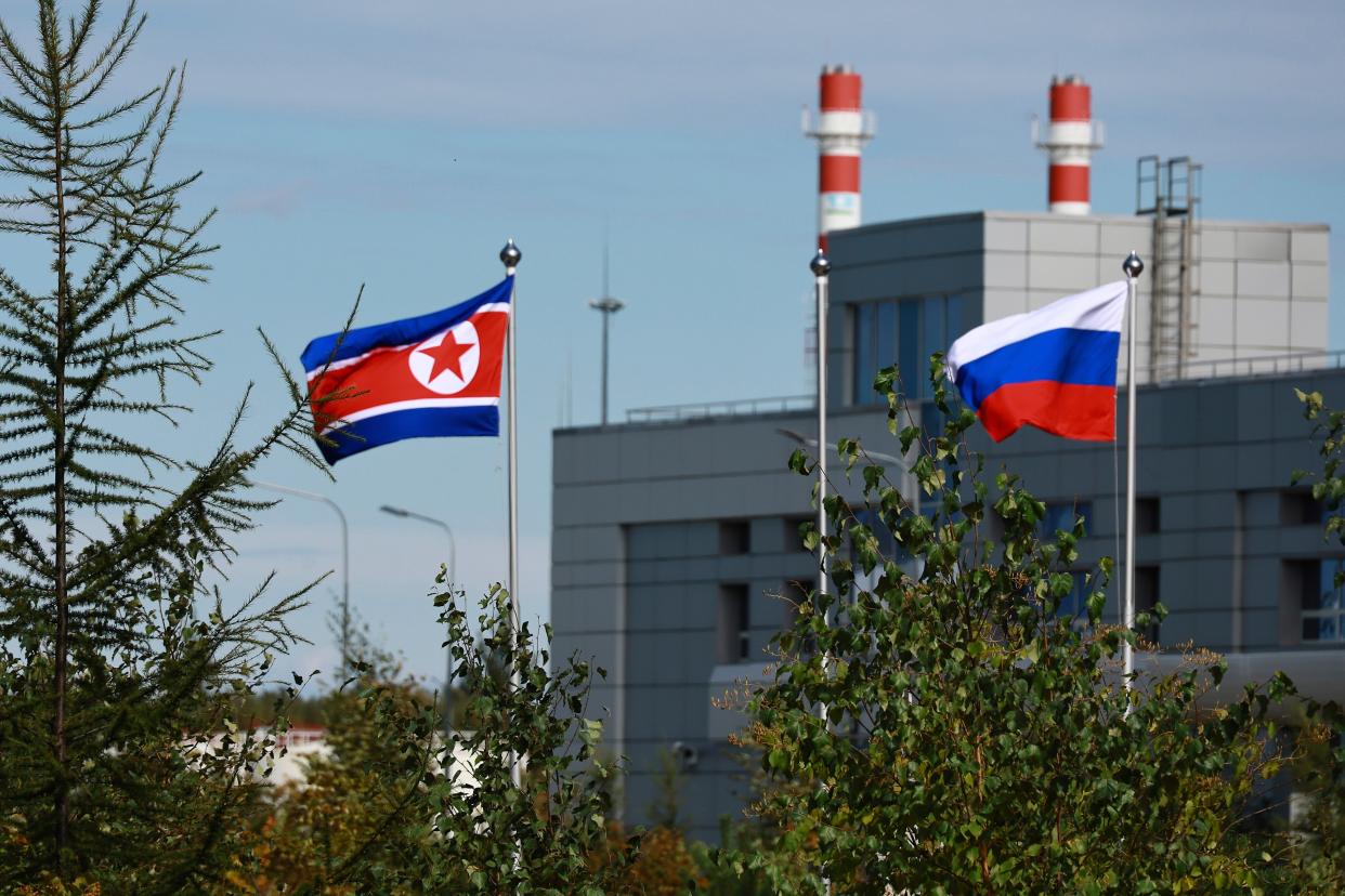 North Korean and Russian flags are seen outside the city of Tsiolkovsky, Russia (Sputnik)