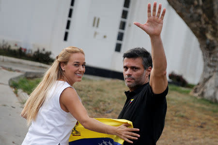 Venezuelan opposition leader Leopoldo Lopez waves to the media at the residence of the Spanish ambassador in Caracas, Venezuela May 2, 2019. REUTERS/Manaure Quintero