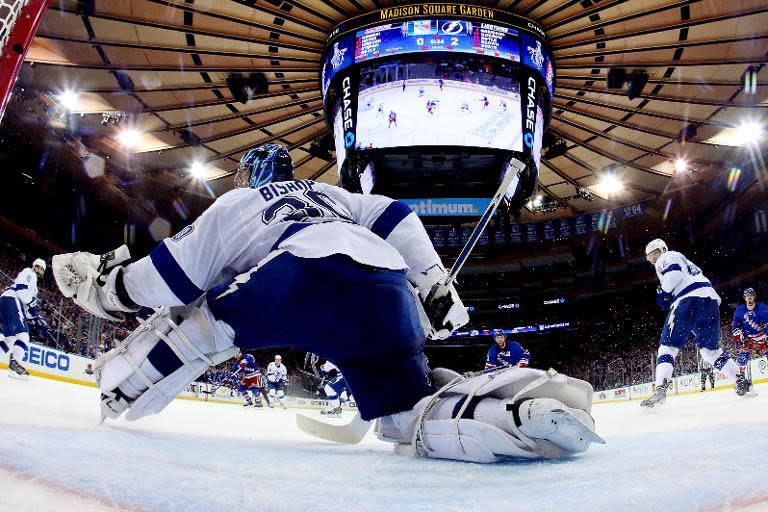 Ben Bishop of the Tampa Bay Lightning tends goal against the New York Rangers during Game Five of the Eastern Conference Finals at Madison Square Garden on May 24, 2015