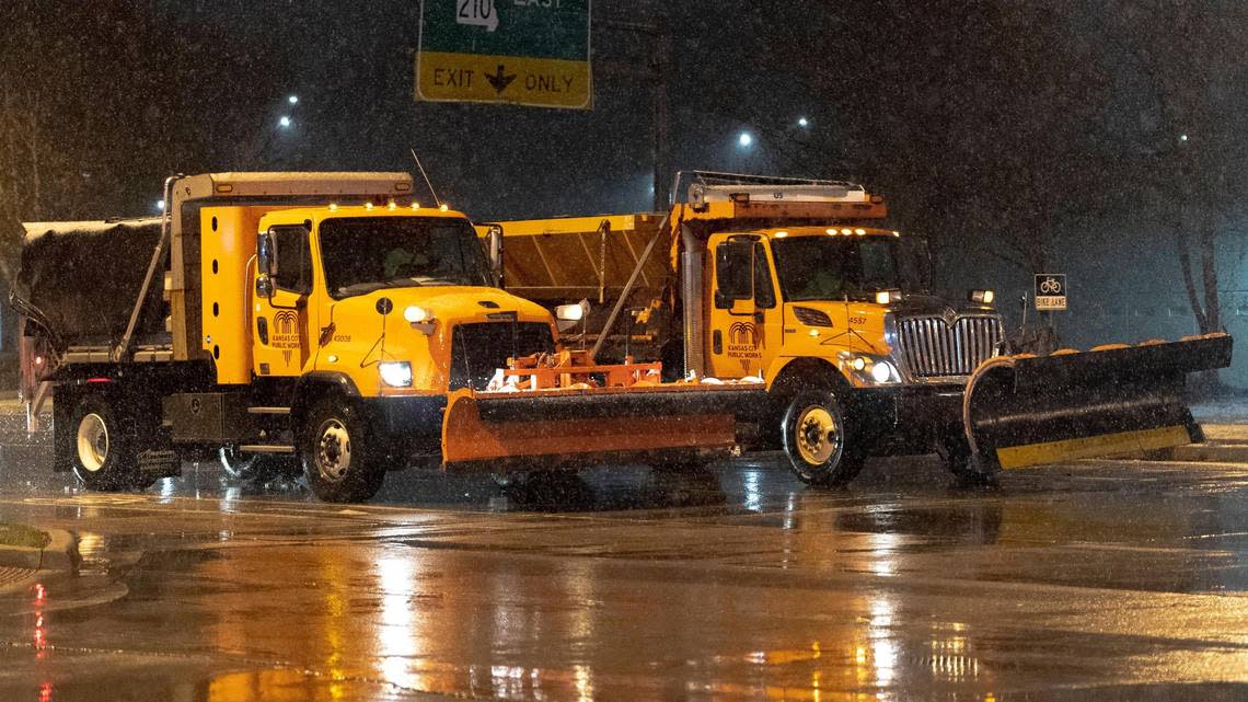 Snow plows with the Kansas City Public Works Department drive along Chouteau Trafficway on Monday, Nov. 14, 2022 in Kansas City.