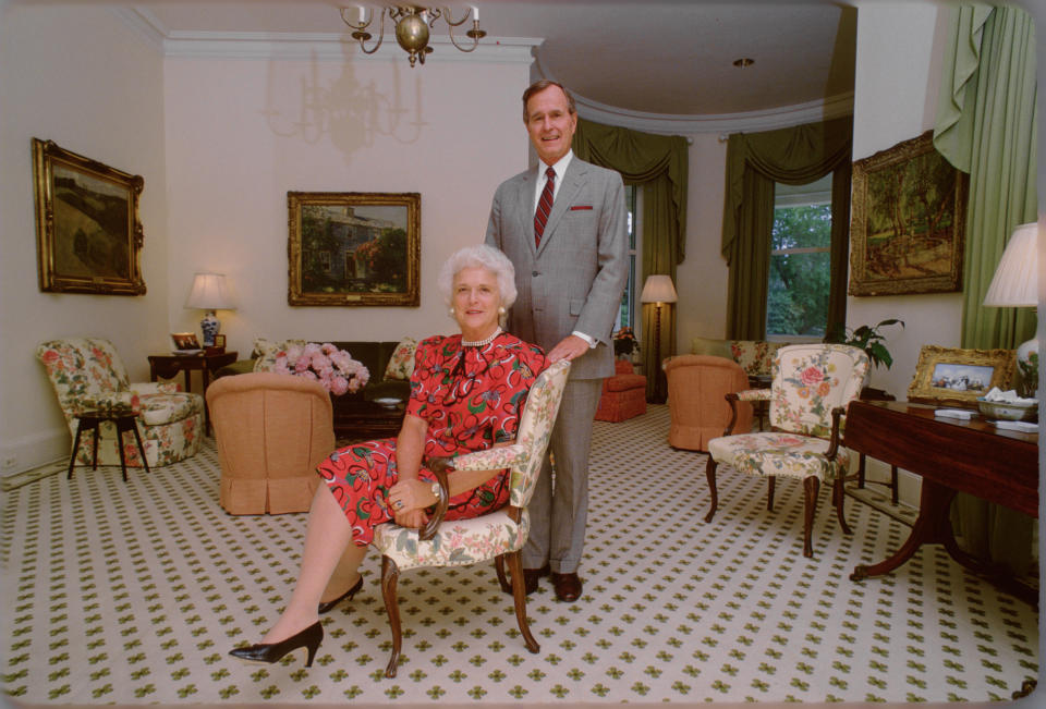 Vice President George H.W. Bush and Barbara Bush pose at the vice president's residence circa 1983 in Washington, D.C.