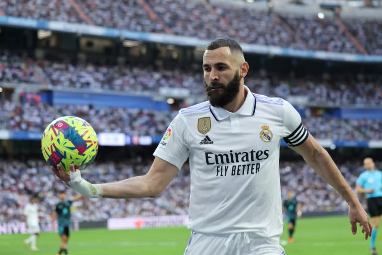 <a class="link " href="https://sports.yahoo.com/soccer/teams/real-madrid/" data-ylk="slk:Real Madrid;elm:context_link;itc:0">Real Madrid</a>'s French forward <a class="link " href="https://sports.yahoo.com/soccer/players/373160" data-ylk="slk:Karim Benzema;elm:context_link;itc:0">Karim Benzema</a> hit a hat-trick as his side cruised to victory over Almeria