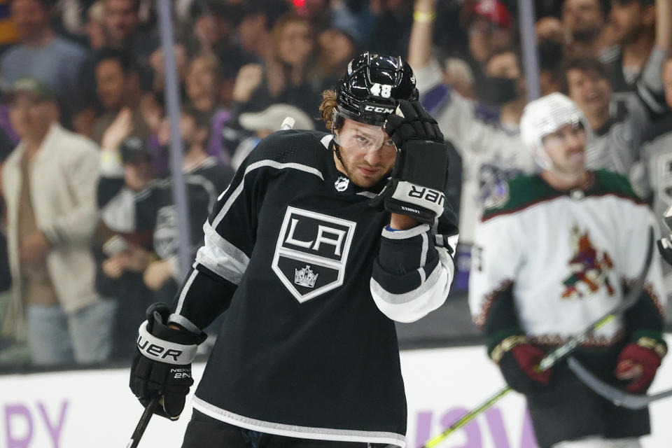 Los Angeles Kings forward Brendan Lemieux (48) celebrates his goal against the Arizona Coyotes during the second period of an NHL hockey game Sunday, Nov. 21, 2021, in Los Angeles. (AP Photo/Ringo H.W. Chiu)