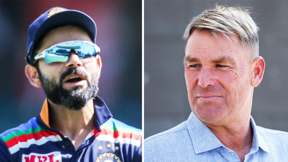 Shane Warne (pictured right) at a press conference Indian captain Virat Kohli (pictured left) during the ODI against Australia.