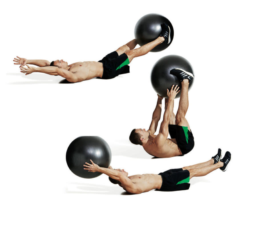 How to do it<p> <strong>View the <a href="https://www.mensjournal.com/health-fitness/best-abs-exercises" rel="nofollow noopener" target="_blank" data-ylk="slk:original article;elm:context_link;itc:0;sec:content-canvas" class="link ">original article</a> to see embedded media.</strong> </p><ol><li>Lie on your back on the floor and hold the <a href="https://www.amazon.com/Exercise-LuxFit-Premium-EXTRA-Warranty/dp/B010GB7FDC/ref=as_li_ss_tl?s=sporting-goods&ie=UTF8&qid=1522860017&sr=1-3&keywords=swiss+ball&linkCode=ll1&tag=mens_journal-20&linkId=34d32f694ec3437cdcd03d0d8aa497ef" rel="nofollow noopener" target="_blank" data-ylk="slk:Swiss bal;elm:context_link;itc:0;sec:content-canvas" class="link ">Swiss bal</a>l between your ankles.</li><li>Extend your arms behind your head.</li><li>Sit up while raising your legs simultaneously and pass the ball from your legs to your hands.</li><li>Go back down to the floor and repeat, passing the ball from your hands to your legs. Each pass is one rep.</li></ol><p><em>Get the gear: <a href="https://www.amazon.com/URBNFit-Exercise-Multiple-Fitness-Stability/dp/B01MYSFUVZ/ref=as_li_ss_tl?s=sporting-goods&ie=UTF8&qid=1522859809&sr=1-3&keywords=stability+ball&linkCode=ll1&tag=mens_journal-20&linkId=2c1dcd8c86ac49d270b571e9ce0b4e76" rel="nofollow noopener" target="_blank" data-ylk="slk:URBNfit Exercise Ball;elm:context_link;itc:0;sec:content-canvas" class="link ">URBNfit Exercise Ball</a></em></p>
