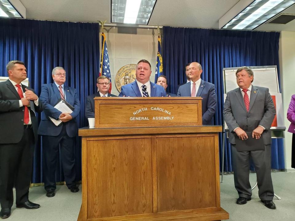 N.C. House Appropriations Chair Rep. Jason Saine, a Linconton Republican, talks about the House budget during a press conference Monday, Aug. 9. 2021 at the Legislative Building in Raleigh.