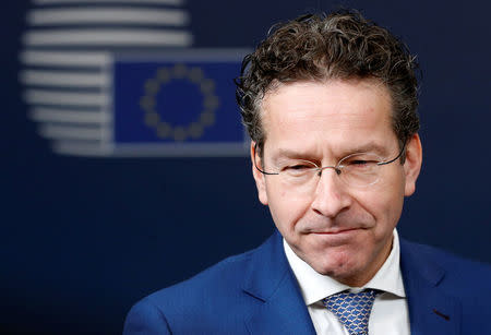 Dutch Finance Minister and Eurogroup President Jeroen Dijsselbloem talks to the media as he arrives at European Union finance ministers meeting in Brussels, Belgium February 21, 2017. REUTERS/Francois Lenoir