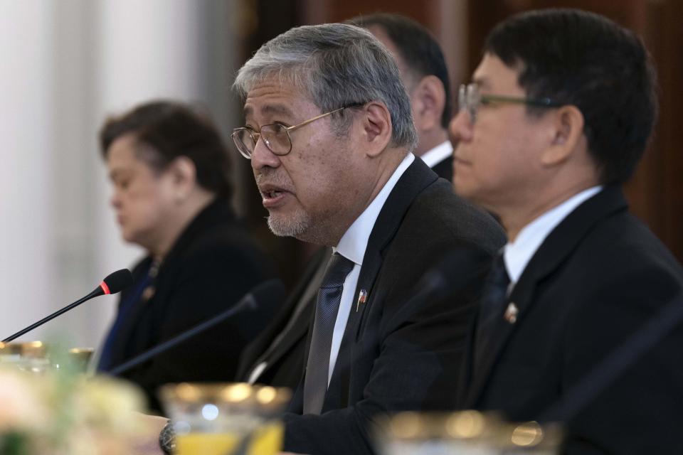 Philippines Foreign Affairs Secretary Enrique Manalo speaks during a bilateral meeting with Secretary of State Antony Blinken at Department of State in Washington, Friday April 12, 2024. (AP Photo/Jose Luis Magana)