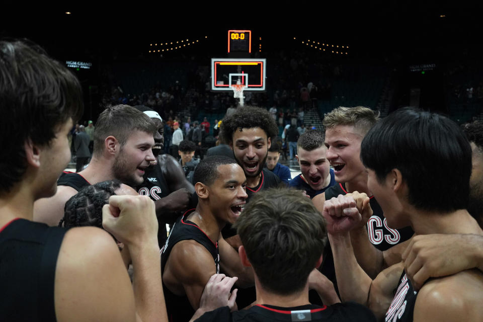 Dec 2, 2023; Las Vegas, Nevada, USA; Gonzaga Bulldogs players huddle after the Legends of Basketball Las Vegas Invitational game against the Southern California Trojans at MGM Grand Garden Arena. Mandatory Credit: Kirby Lee-USA TODAY Sports