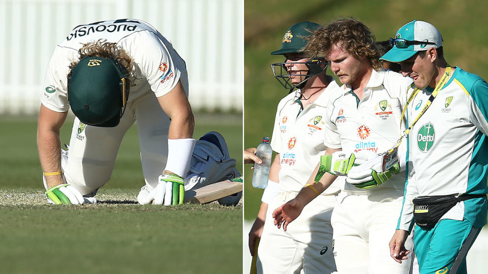 Pictured here, Will Pucovski is helped from the ground after being struck in the helmet while batting.