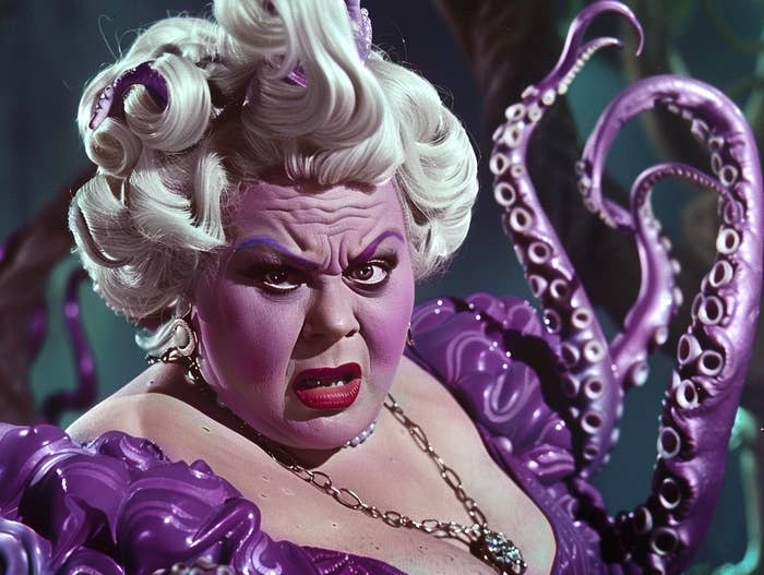 Ursula from Disney's The Little Mermaid, in her purple dress, with tentacles, looking menacing