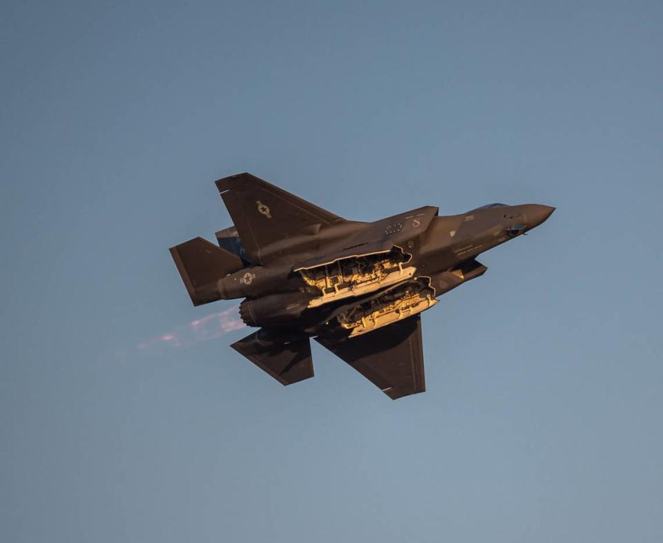 The F-35A Lightning II piloted by Maj. Kristin “BEO” Wolfe with the U.S. Air Force demonstration team flies low to give the crowd a look inside during the California Capital Airshow on Friday, Sept. 24, 2021, at Mather Airport in Sacramento.