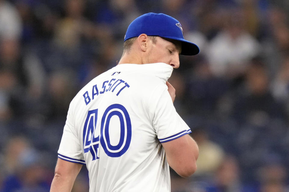 Toronto Blue Jays pitcher Chris Bassitt reacts during the first inning of a baseball game against the Kansas City Royals in Toronto, Wednesday, May 1, 2024. (Chris Young/The Canadian Press via AP)