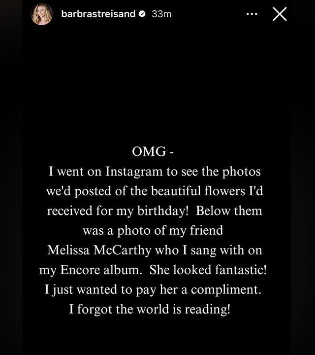 Screenshot of Barbra Streisand's Instagram story