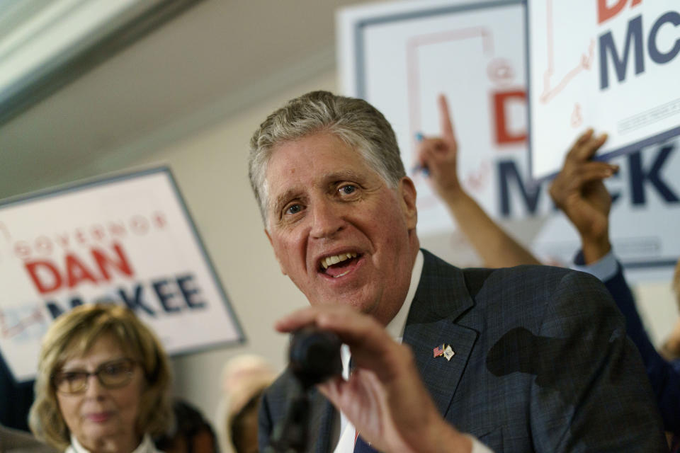 Rhode Island Gov. Dan McKee gives an acceptance speech in front of supporters at a primary election night watch party in Providence, R.I., Tuesday, Sept. 13, 2022. (AP Photo/David Goldman)