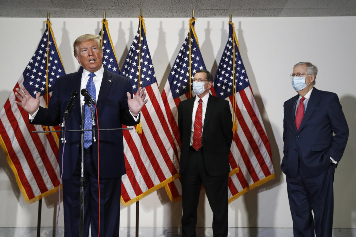 President Donald Trump speaks with reporters after meeting with Senate Republicans at their weekly luncheon on Capitol Hill on May 19, 2020. (Photo: Patrick Semansky/ASSOCIATED PRESS)