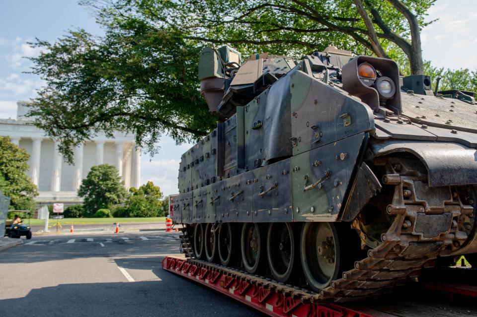A Bradley Fighting Vehicle is parked near the Lincoln Memorial on July 3, 2019.