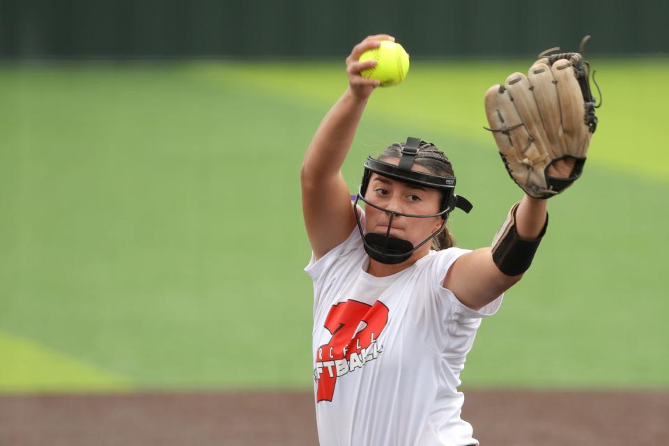Purcell's Ella Resendiz pitches during a Class 4A state fastpitch softball game between Purcell and Poteau in Shawnee, Okla., Thursday, Oct. 12, 2023.