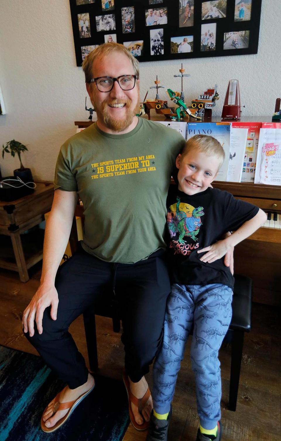 Lincoln Elliot, a first-grader from Los Osos, California, wrote a short story called The Portals that was featured on the Story Pirates children’s podcast. Lincoln’s dad, James Elliot inside their home in Los Osos.