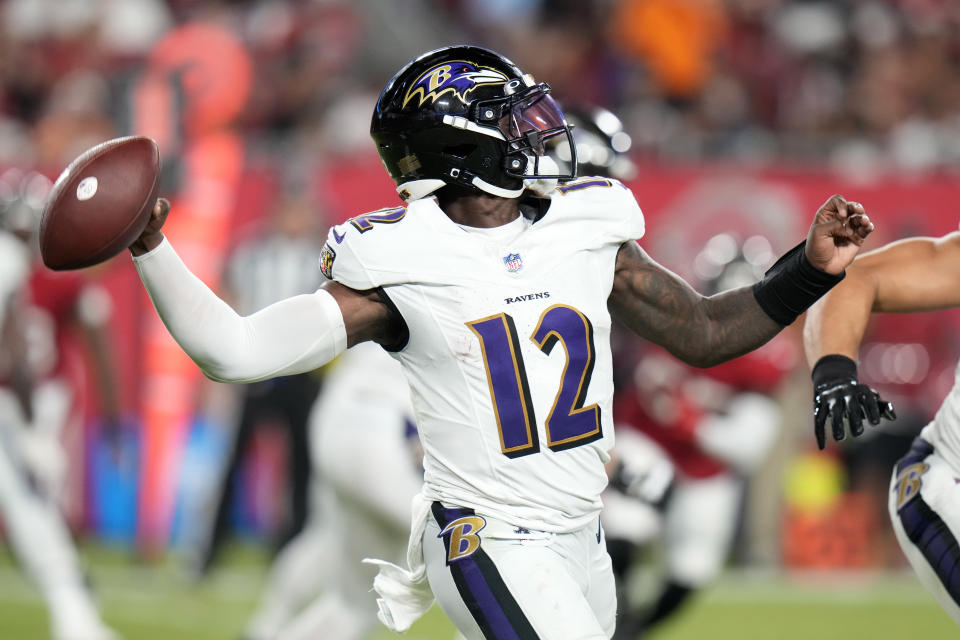 Baltimore Ravens quarterback Anthony Brown passes during the second half of an NFL preseason football game against the Tampa Bay Buccaneers Saturday, Aug. 26, 2023, in Tampa, Fla. (AP Photo/Chris O'Meara)